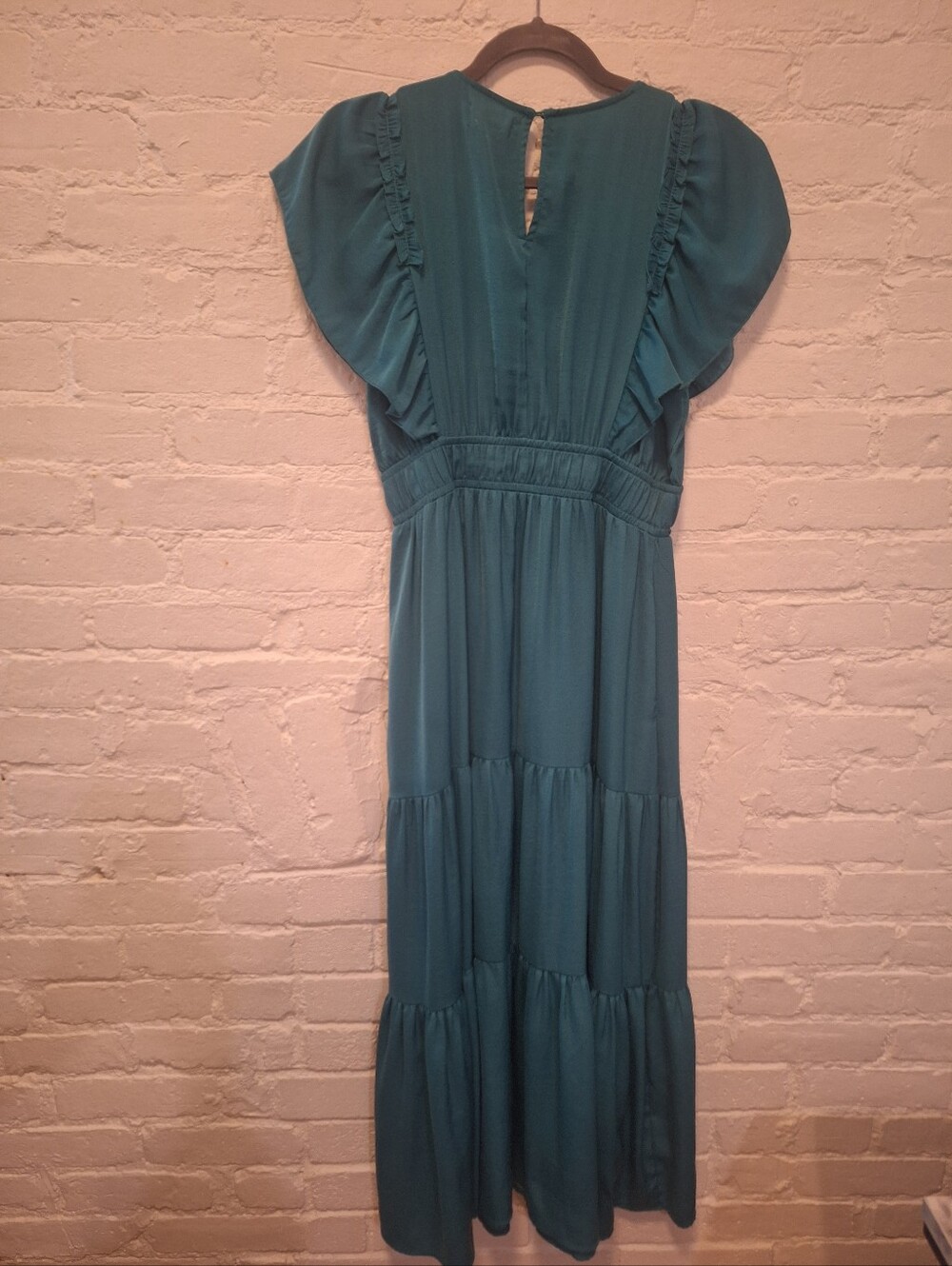 Teal Tiered Flutter-Sleeve Maxi Dress
